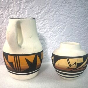 Southwest Native American Style Pottery Vase & Pitcher Set Signed Handcrafted‎